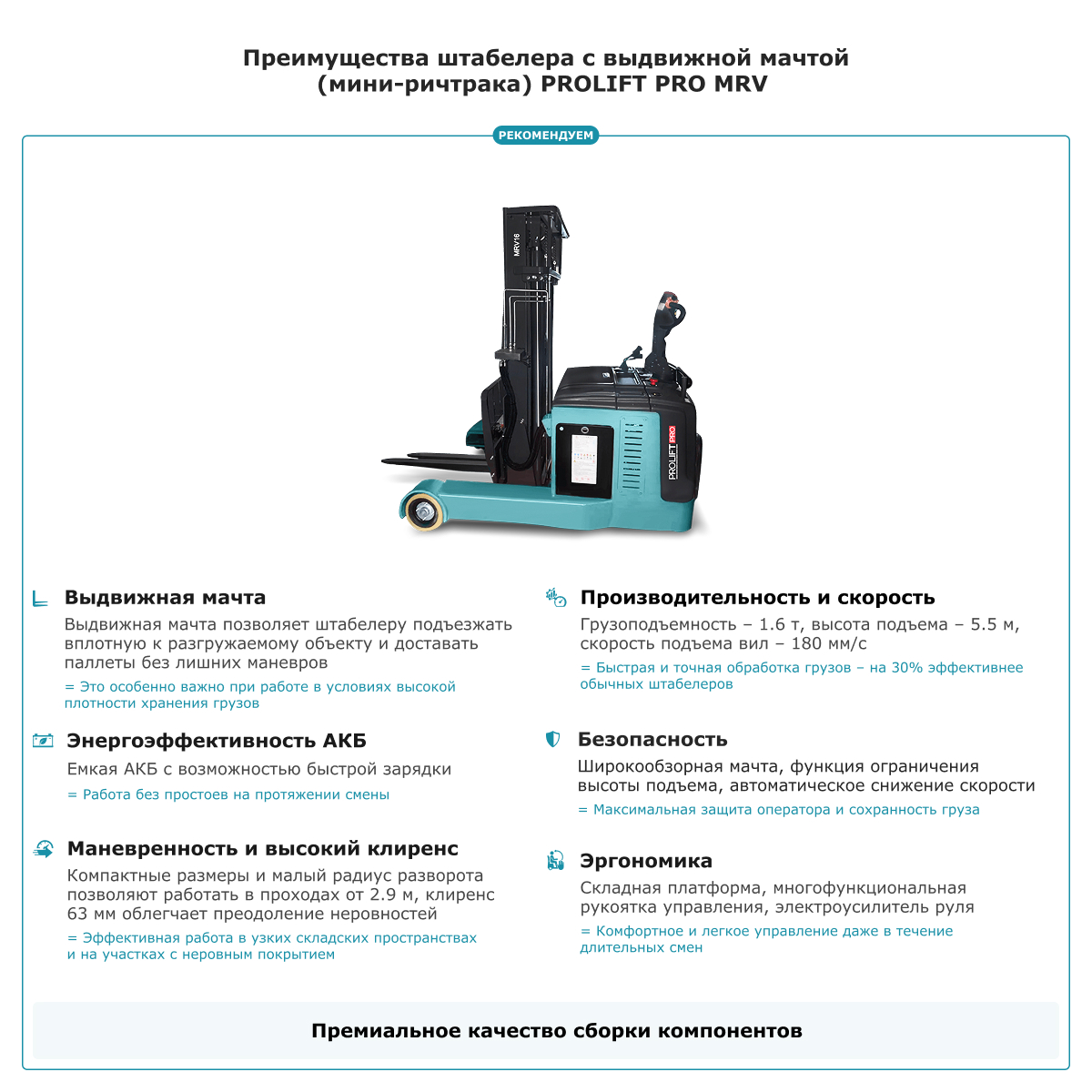 Штабелер с выдвижной мачтой (мини-ричтрак) PROLIFT PRO MRV 1655 li-ion